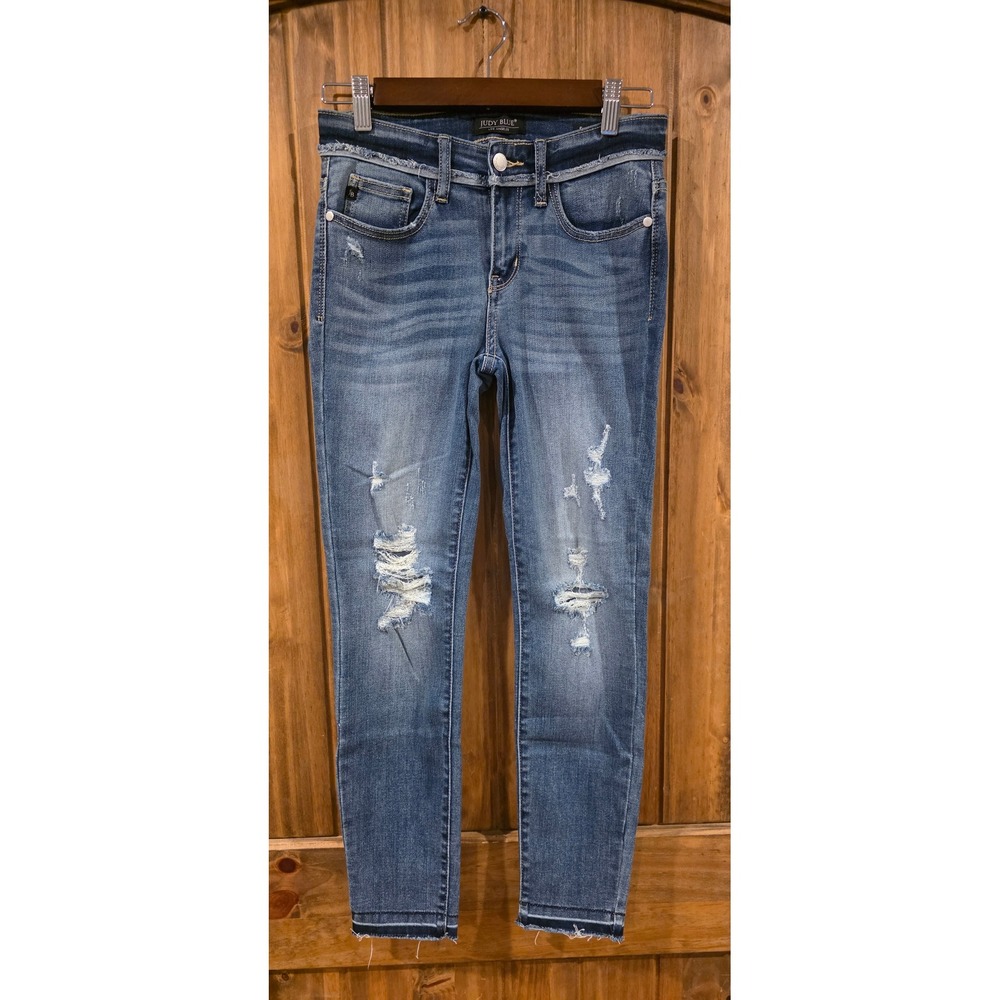 Judy Blue Skinny Fit Jeans Womens 3/26 Blue Excellent Distressed Raw Hem